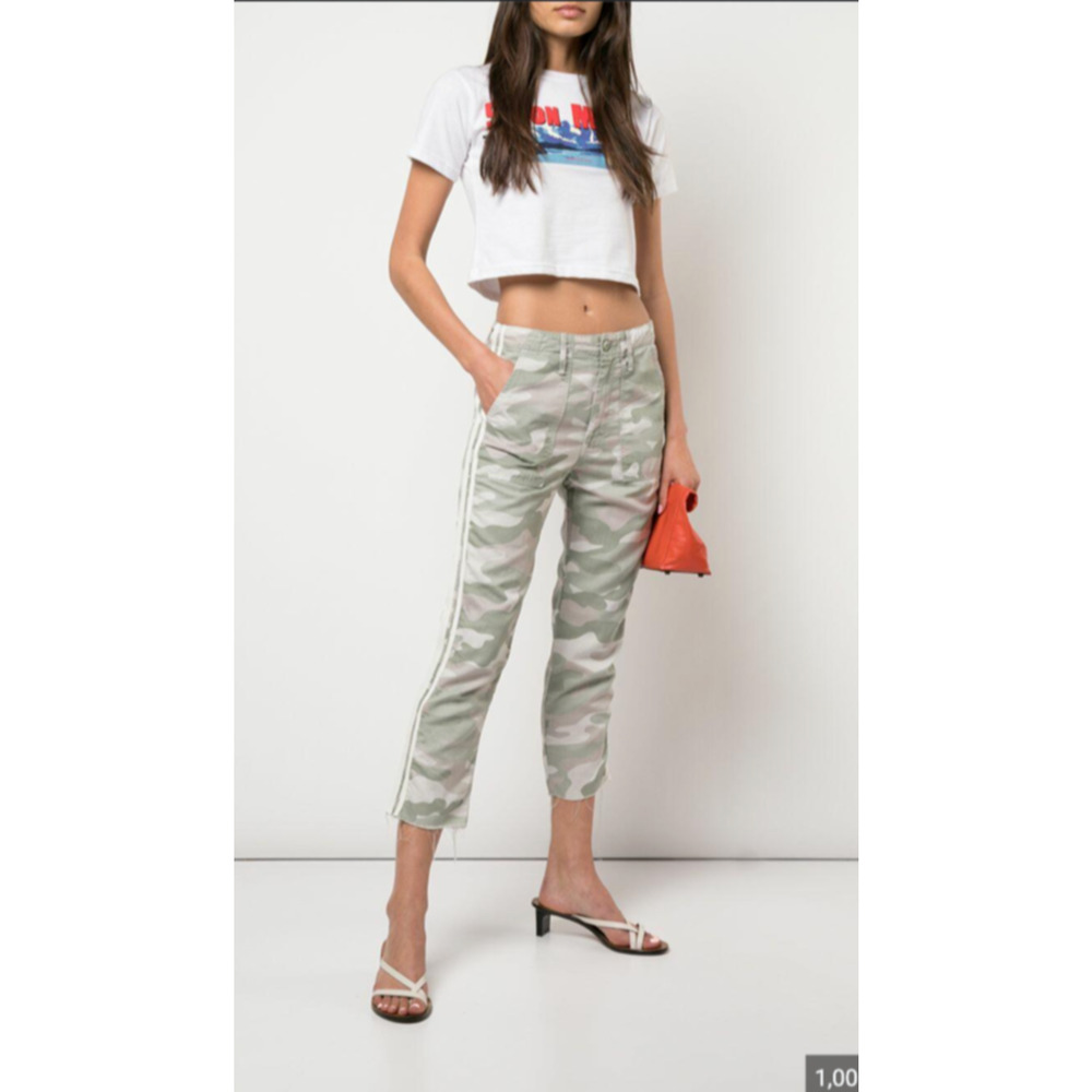 MOTHER Wide Leg Camo Stripe Crop Pants in Sage Green & White